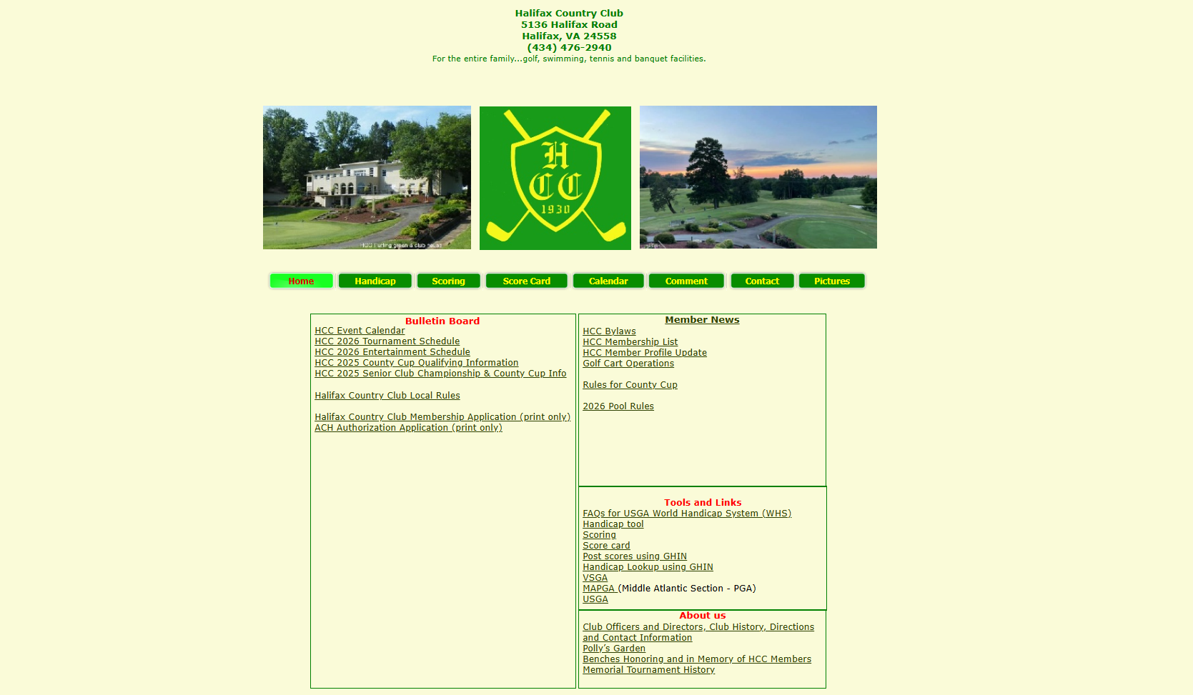 Halifax Country Club website before refurbishment — yellow background with green text and basic HTML layout