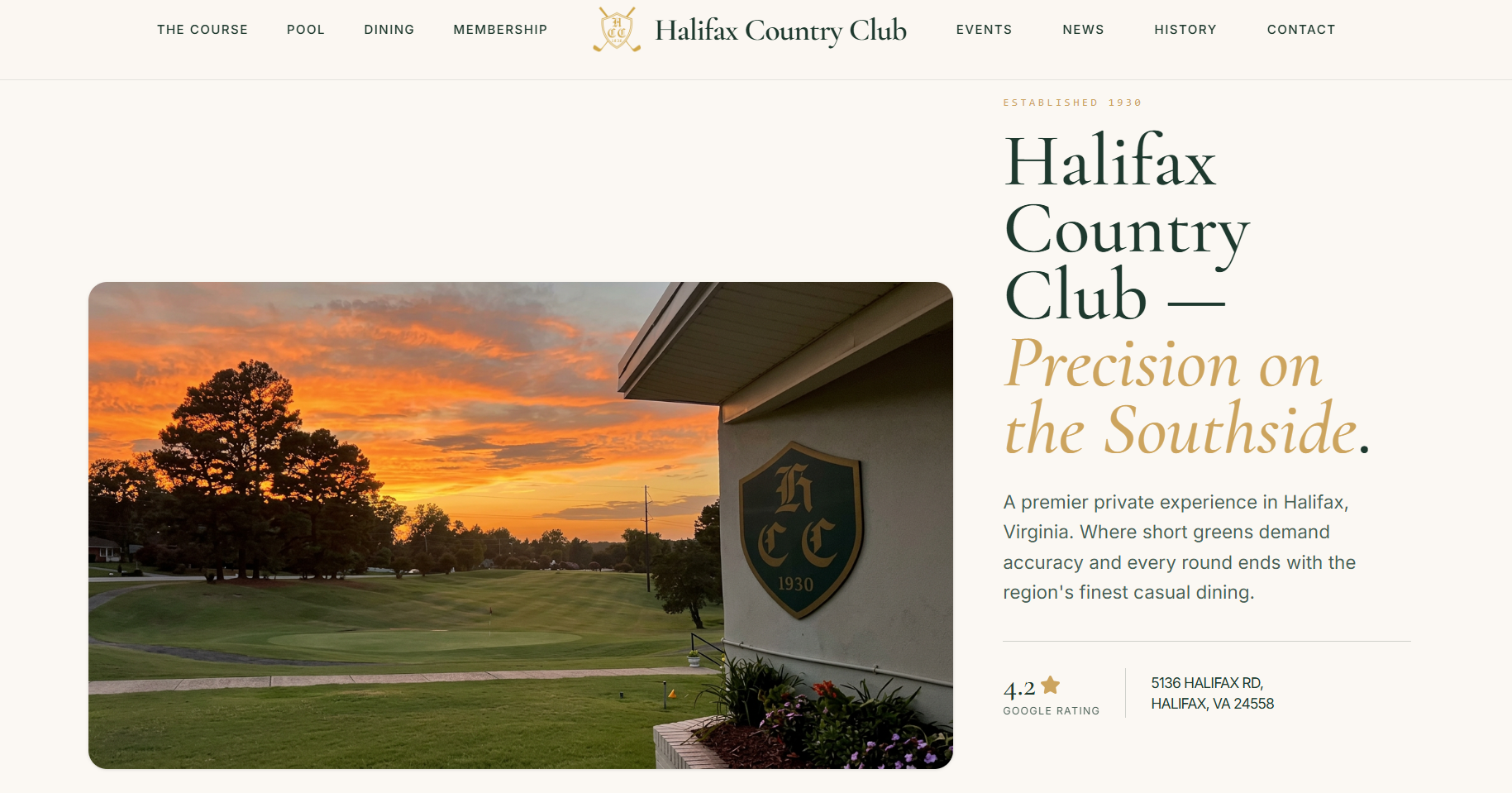 Halifax Country Club website after refurbishment — refined serif typography, large hero image, and clean navigation